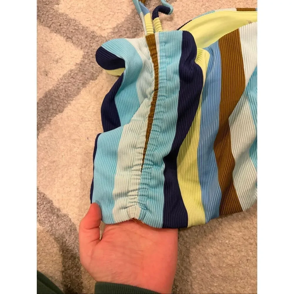 NWT Aerie Ribbed Longline Bandeau Bikini Top Blue Green Stripe Tie Straps Size M